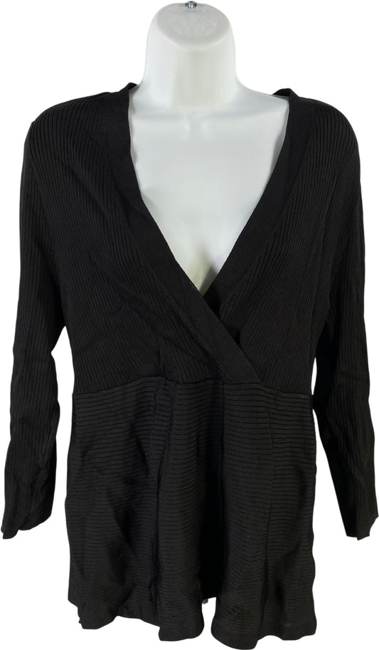 White House Black Market Women’s Black Ribbed 3/4 Sleeve V-Neck Sweater - XL