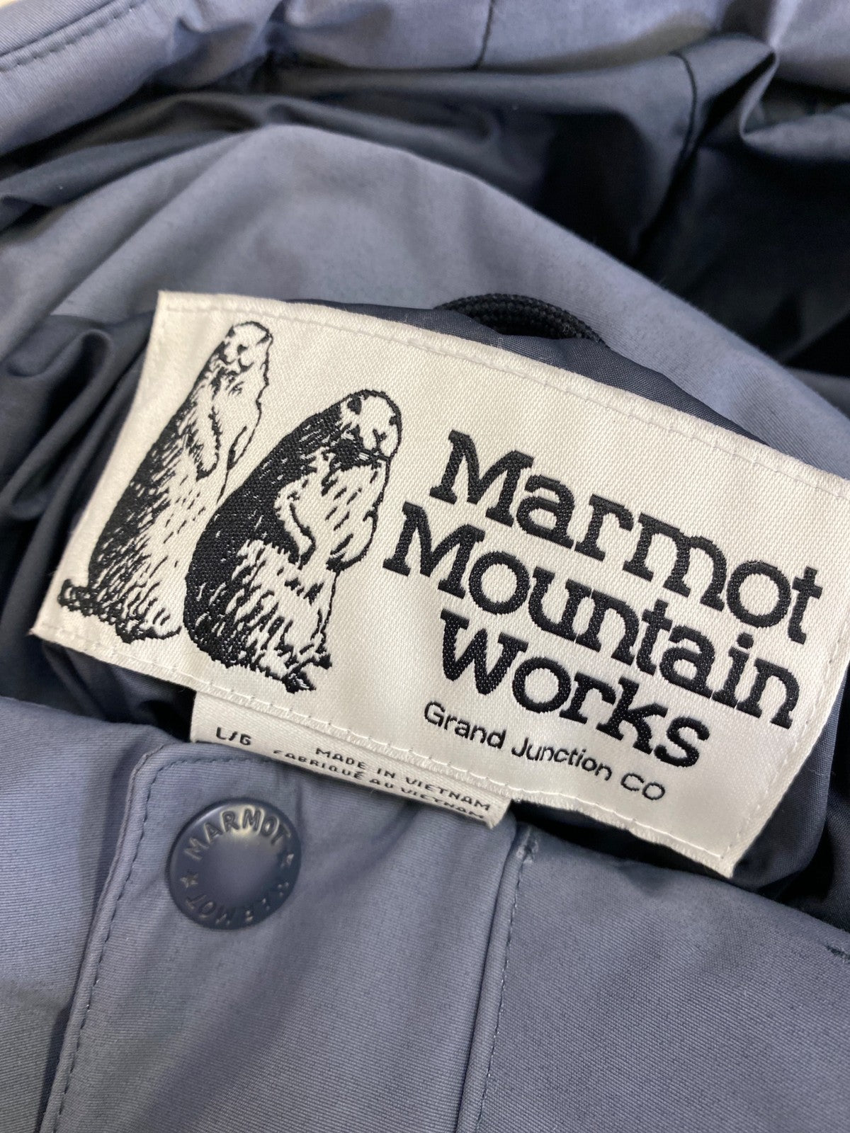 Marmot Men’s Gray/Blue Duck Down Insulated Full Zip Hooded Puffer Coat - L