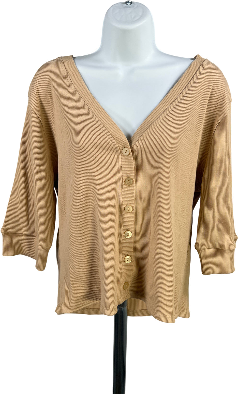 Bagatelle Women’s Beige Ribbed 1/2 Sleeve Button Up Cardigan Sweater - XL