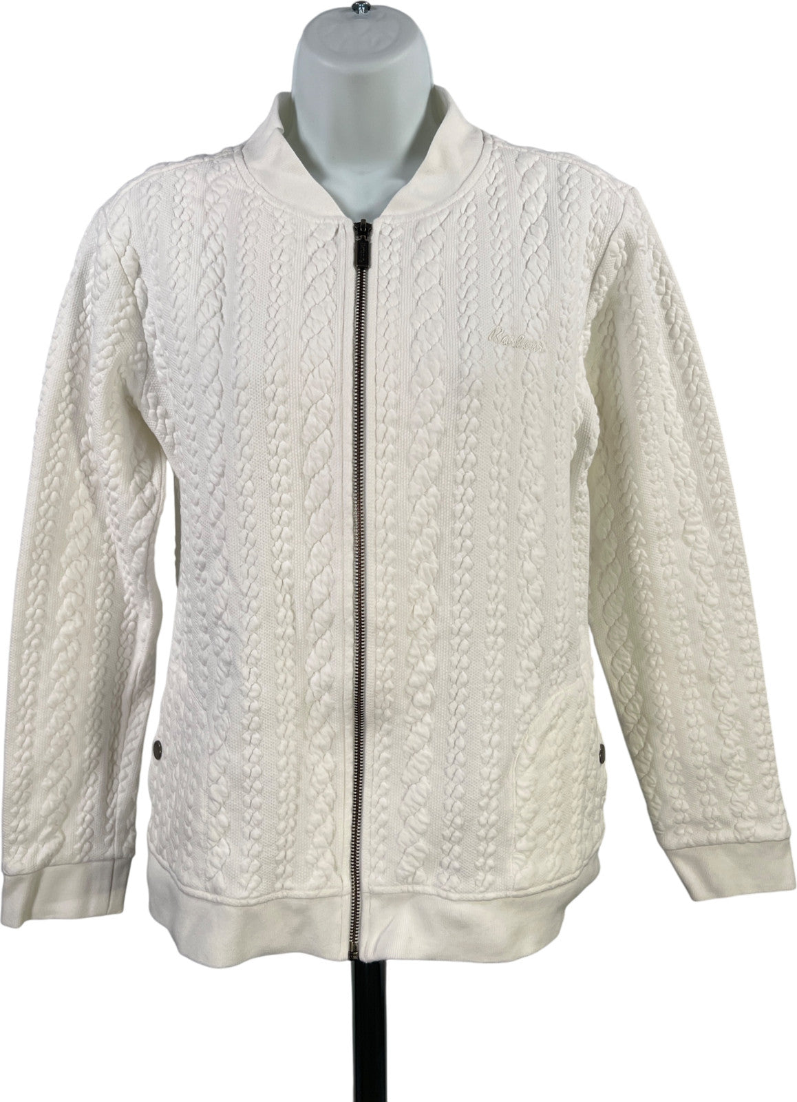 Barbour Women’s White Kelsey Cable Knit Long Sleeve Full Zip Sweater Jacket - 8
