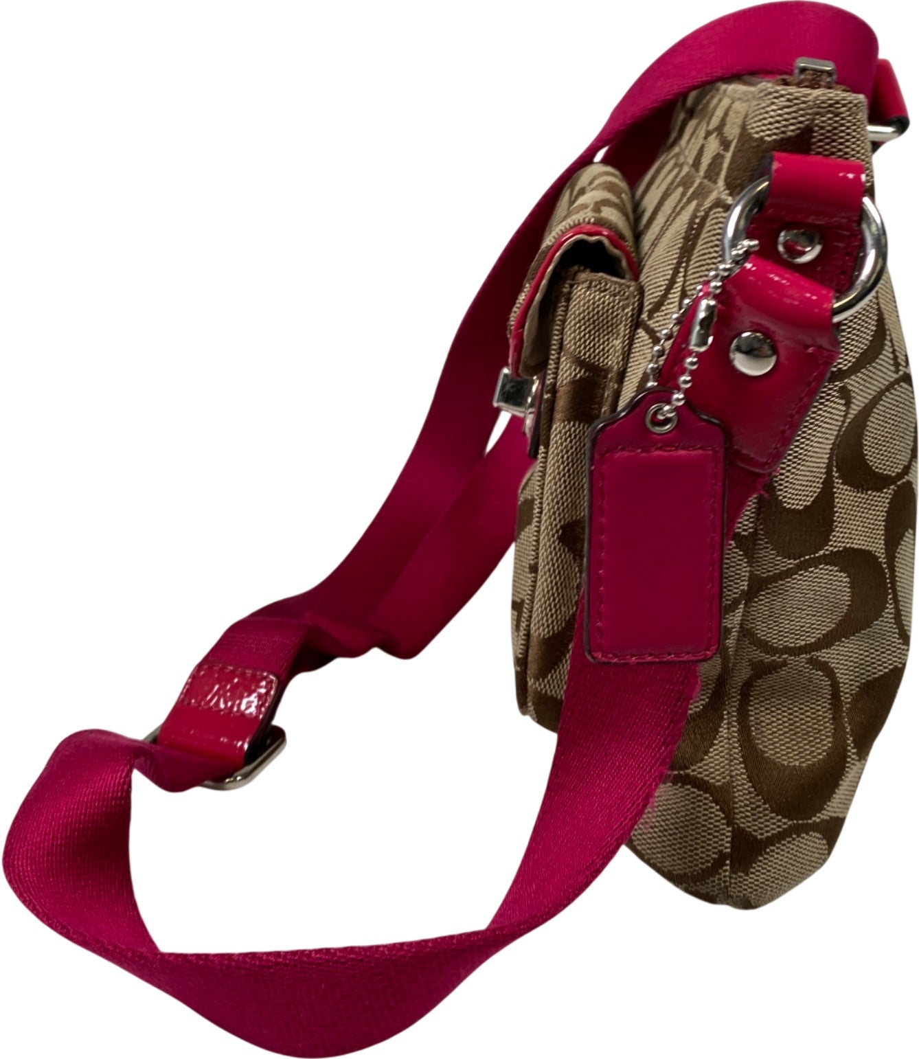 Coach Women’s Beige Khaki Signature Pink Trim Small Crossbody Purse