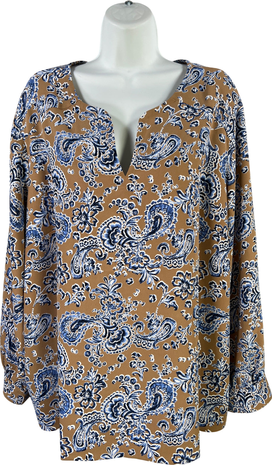 J.Jill. Women’s Brown/Blue Paisley Long Sleeve V-Neck Blouse - Plus 2X