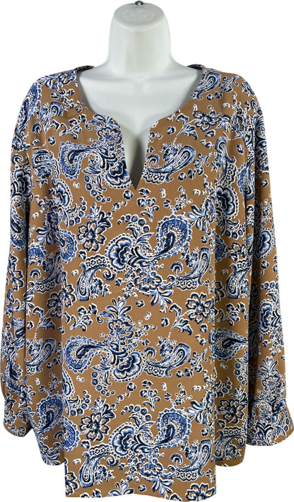 J.Jill. Women’s Brown/Blue Paisley Long Sleeve V-Neck Blouse - Plus 2X