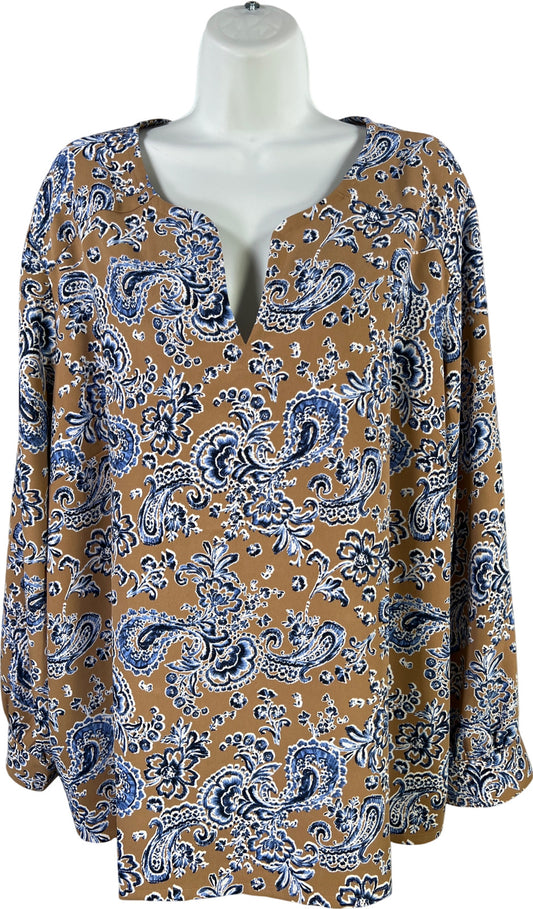 J.Jill. Women’s Brown/Blue Paisley Long Sleeve V-Neck Blouse - Plus 2X