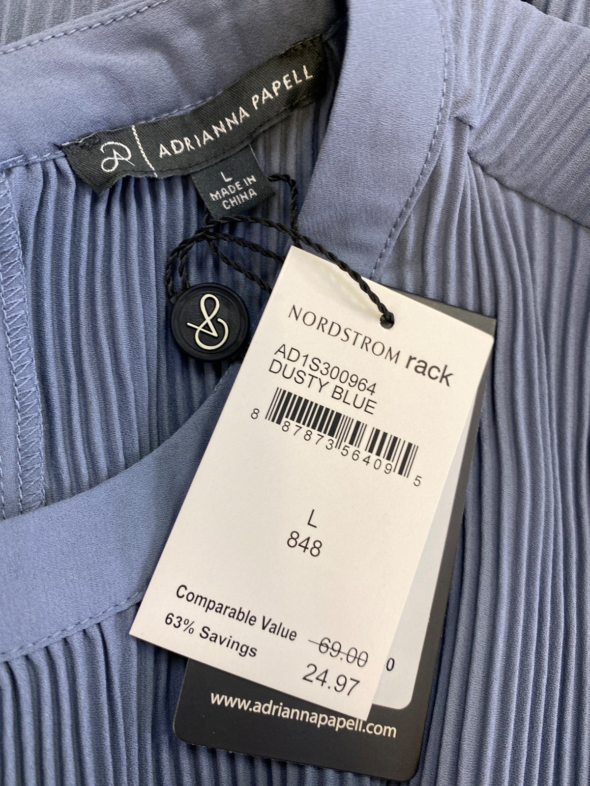 Adrianna Papell Women’s Dusty Blue Pleated Sleeveless Blouse - L