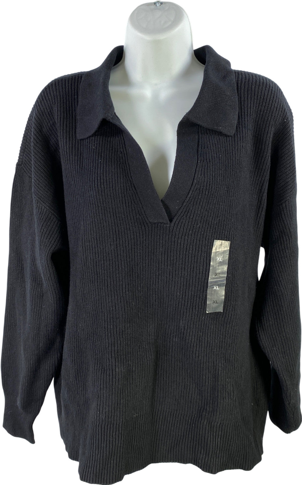 On 34th Women’s Black Ribbed V-Neck Long Sleeve Pullover Sweater - XL