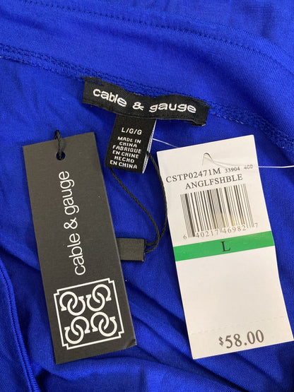 Cable and Gauge Women’s Blue Short Embroidered Slit Sleeve Blouse - L