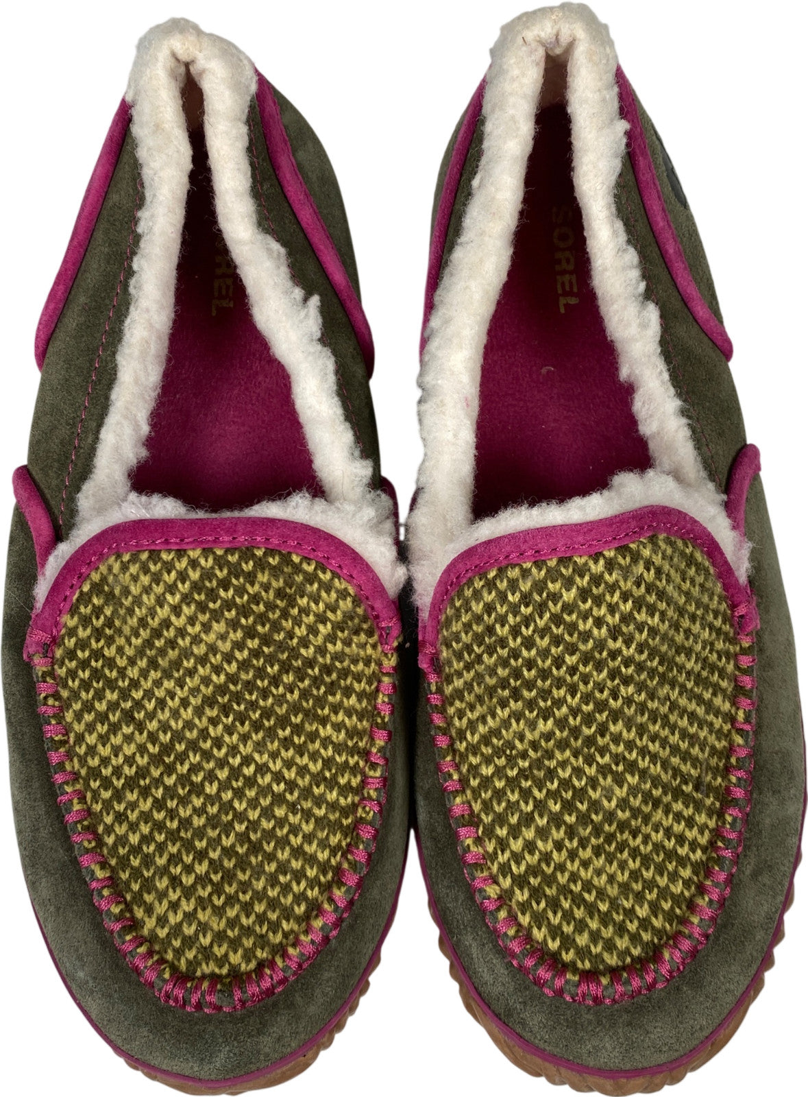 Sorel Women’s Green/Pink Suede Tremblant Sherpa Lined Moccasins - 9