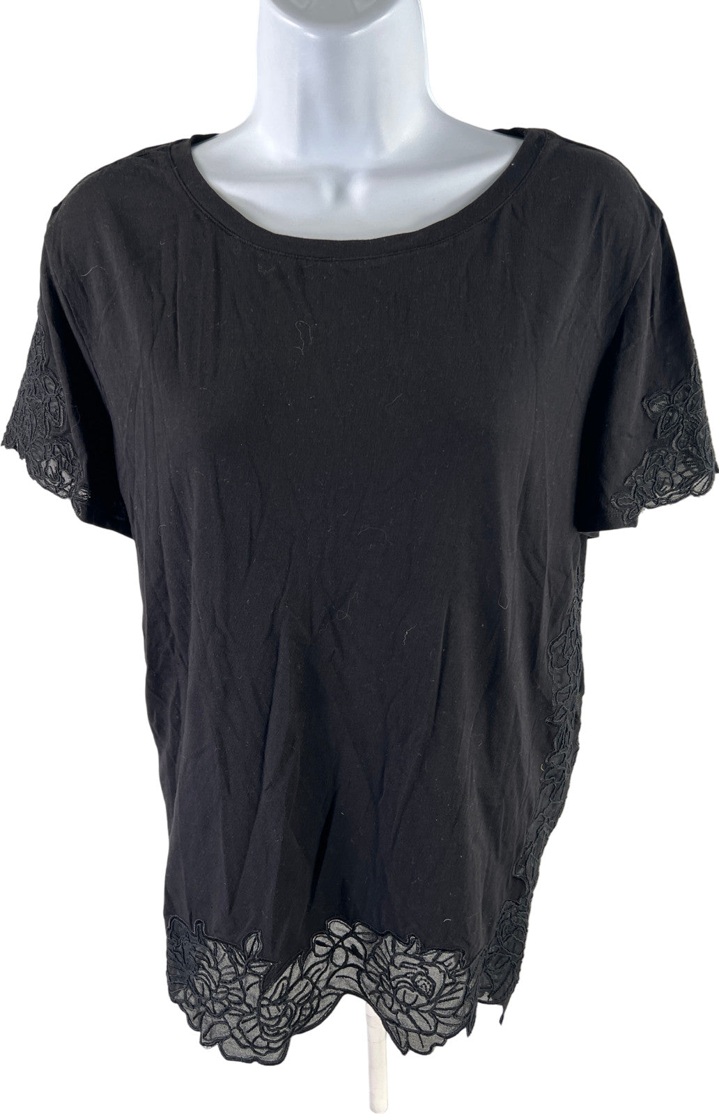 White House Black Market Women’s Black Short Embroidered Sleeve T-Shirt - L