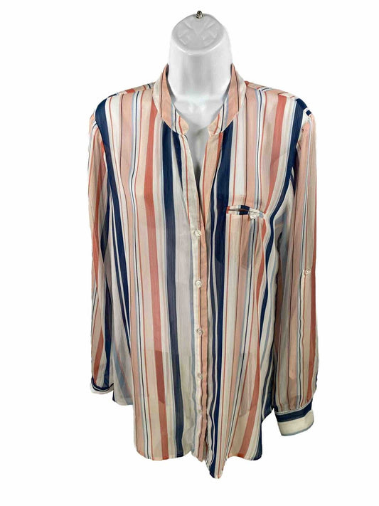 Kut from the Kloth Women's Pink Striped Sheer Button Up Top - M