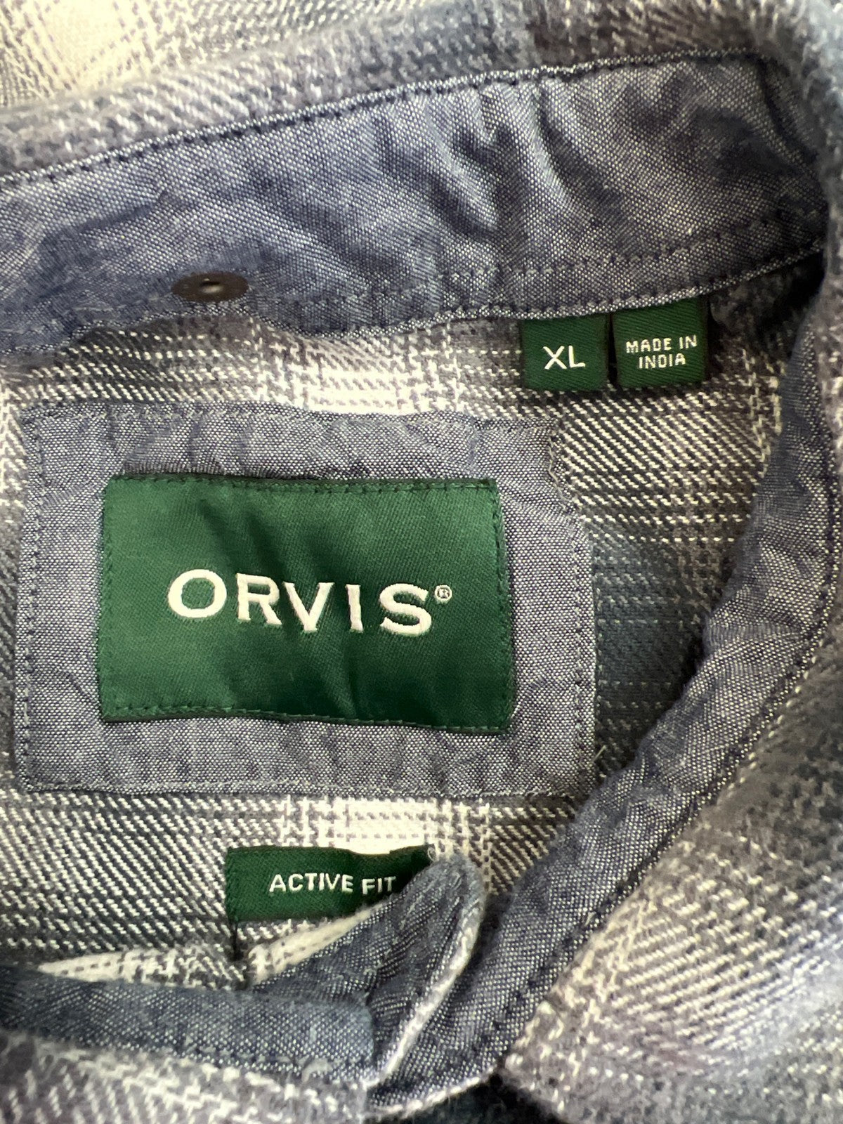 Orvis Men’s Gray/Blue Plaid Active Fit Button Up Flannel Shirt - XL