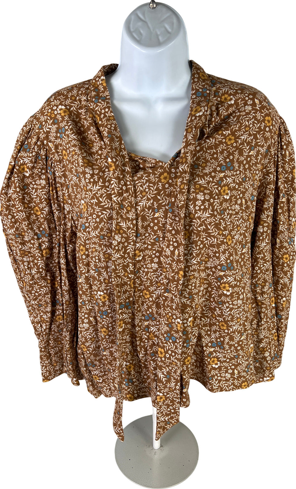 NEW ANA Women’s Brown Floral V-Neck Wrist Length Sleeve Blouse - L