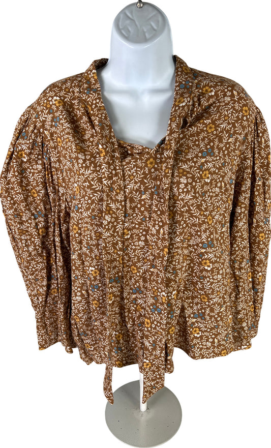 NEW ANA Women’s Brown Floral V-Neck Wrist Length Sleeve Blouse - L