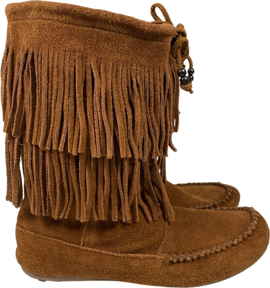 Minnetonka Women’s Brown Suede Double Fringe Pull On Mid Calf Boots - 7.5