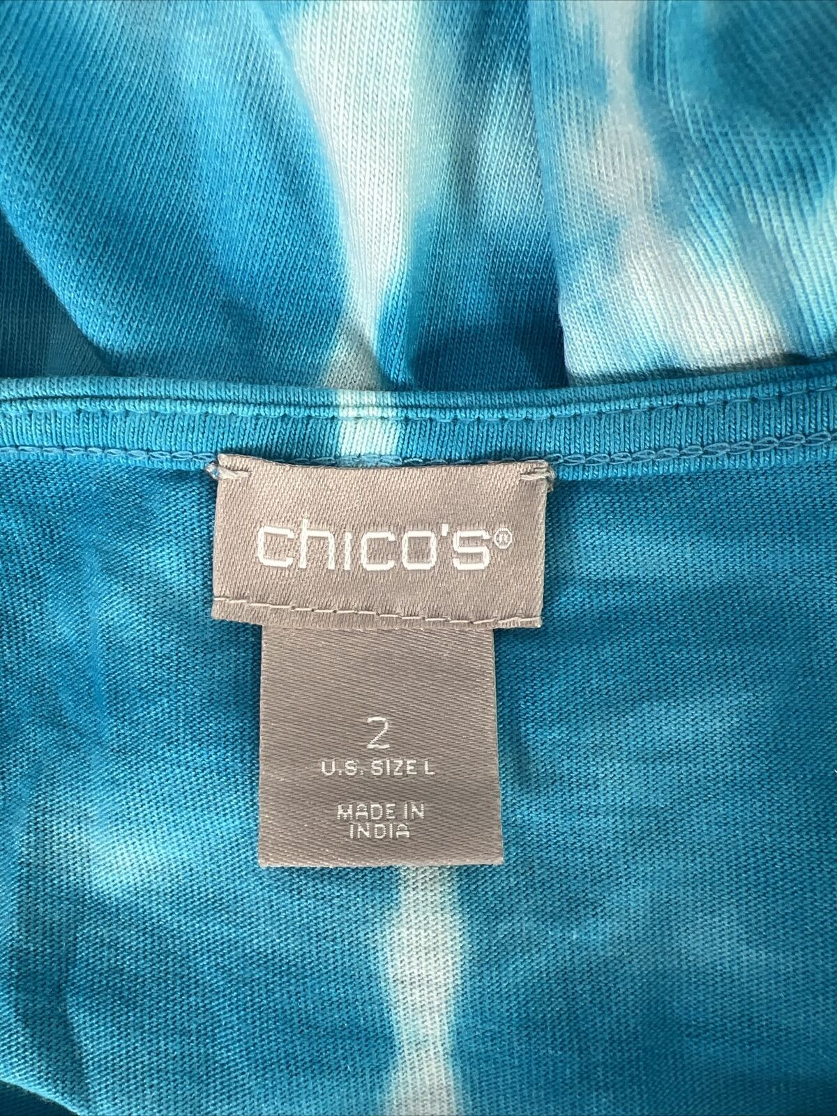 Chicos Women's Blue/White Tie Dye 3/4 Sleeve Tie Front T-Shirt - 2/L