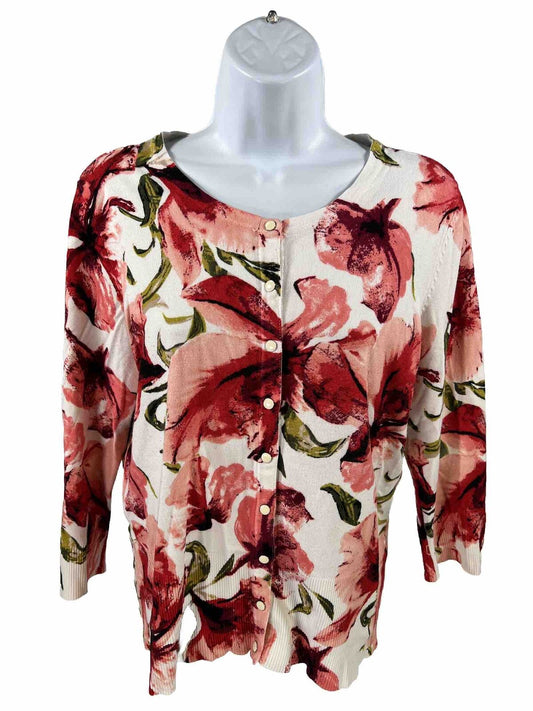White House Black Market Red Floral Snap Button 3/4 Sleeve Cardigan - L