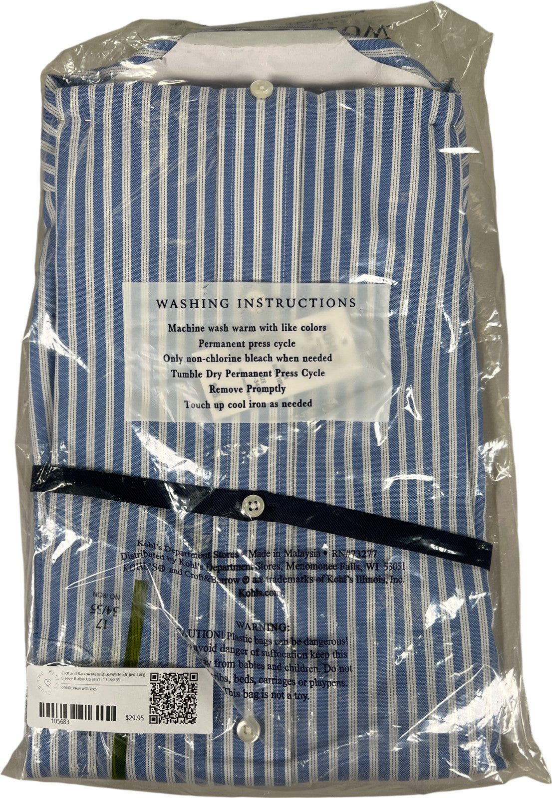 Croft and Barrow Mens Blue/White Striped Long Sleeve Button Up Shirt - 17 -34/35