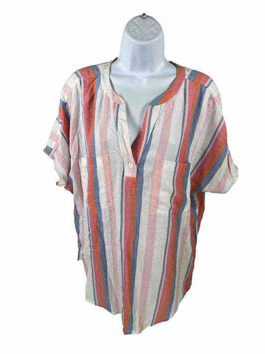 Chicos Women's White/Pink Striped Day Off Popover T-Shirt - 2/L