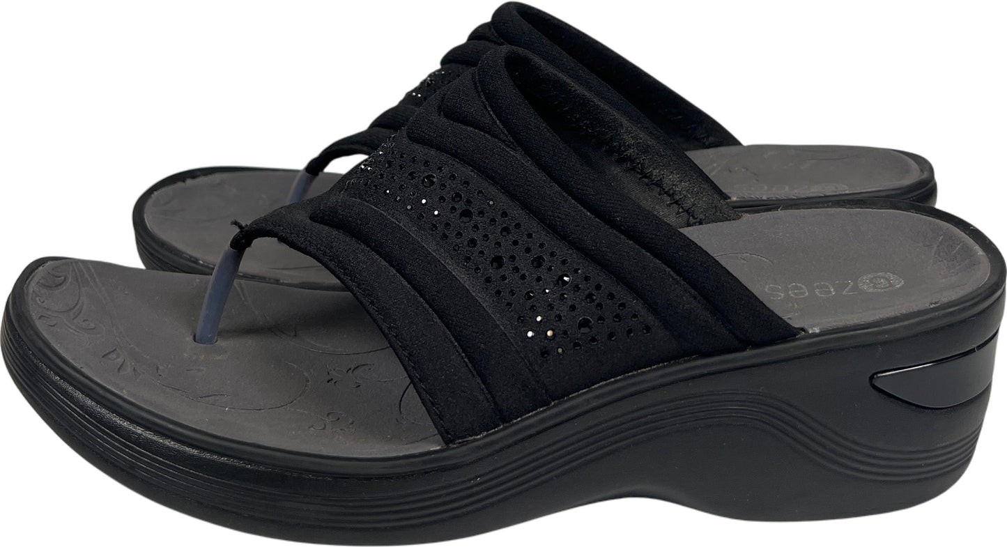 Bzees Women’s Black Rhinestone Dazzle Me Wedge Flip Flops - 8