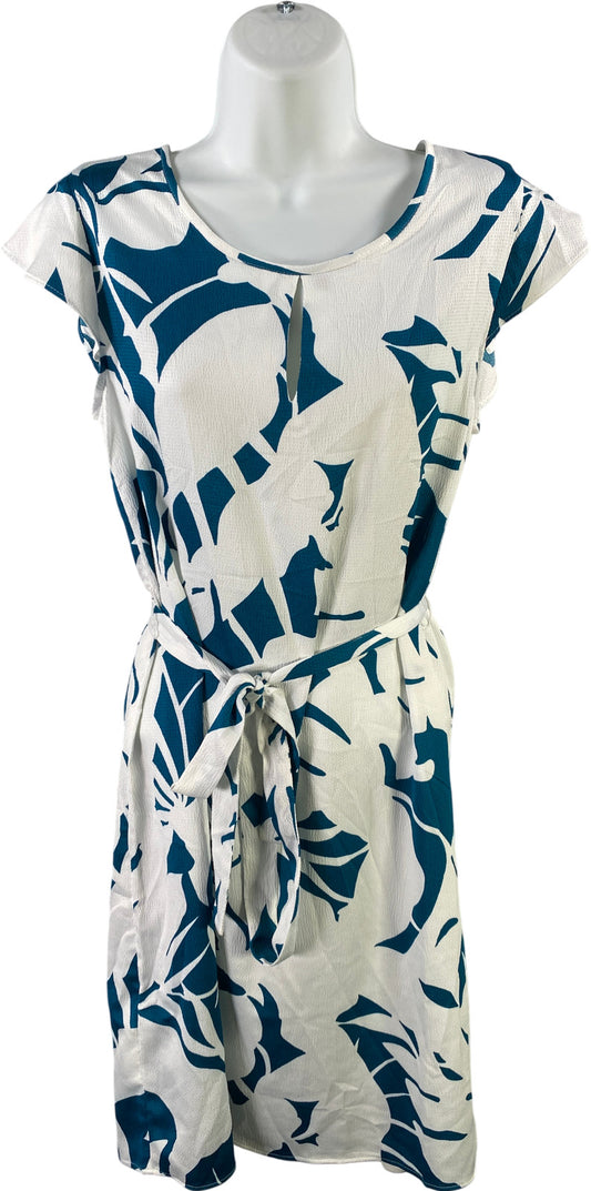 Ann Taylor Women’s White Blue Floral Cap Sleeve Tie Front Dress - S