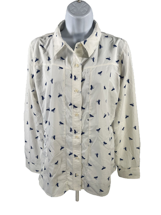 Simms Women's White/Blue Fish Lure Graphic Button Up Shirt - M