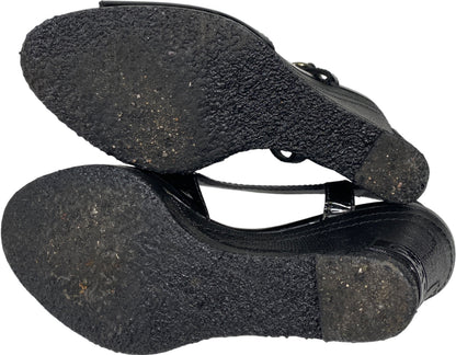 CHANEL Women’s Black Patent Leather Open Toe Wedge Sandals - 36/US 5.5