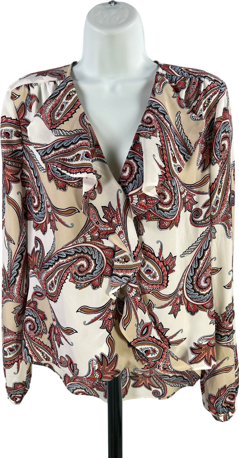 White House Black Market Women’s White/Red Ruffle Front Long Sleeve Blouse - 4