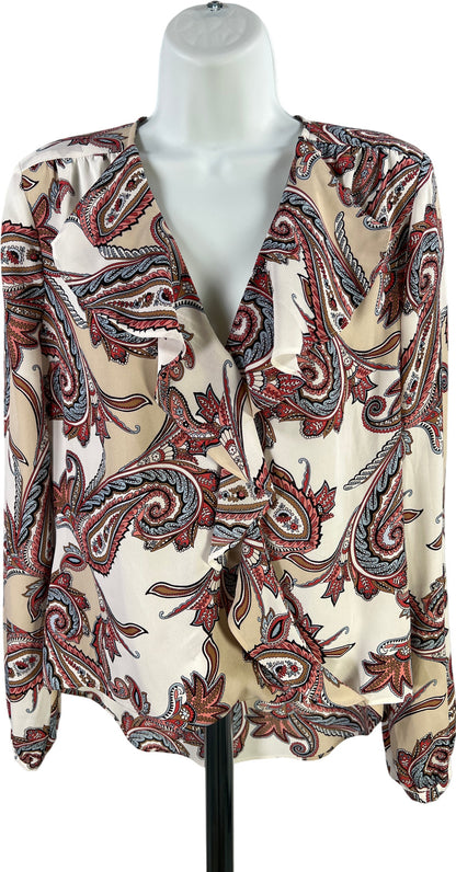 White House Black Market Women’s White/Red Ruffle Front Long Sleeve Blouse - 4