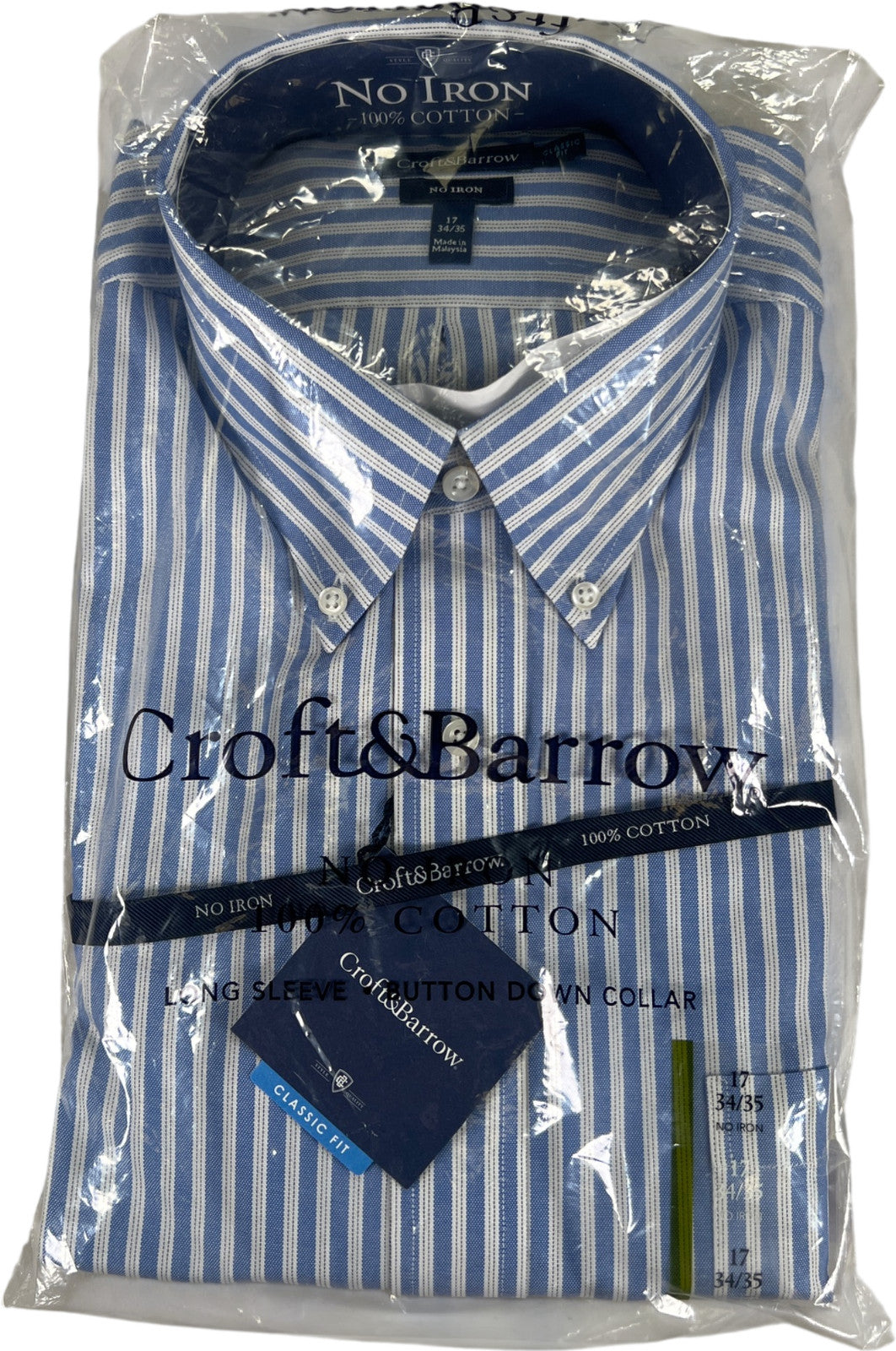 Croft and Barrow Mens Blue/White Striped Long Sleeve Button Up Shirt - 17 -34/35