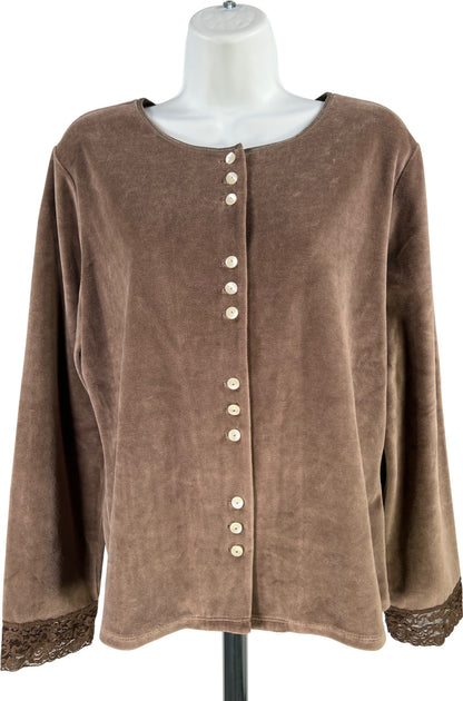 J.Jill Women’s Brown Shale Velour Lace Trim Button Up Cardigan Sweater - M
