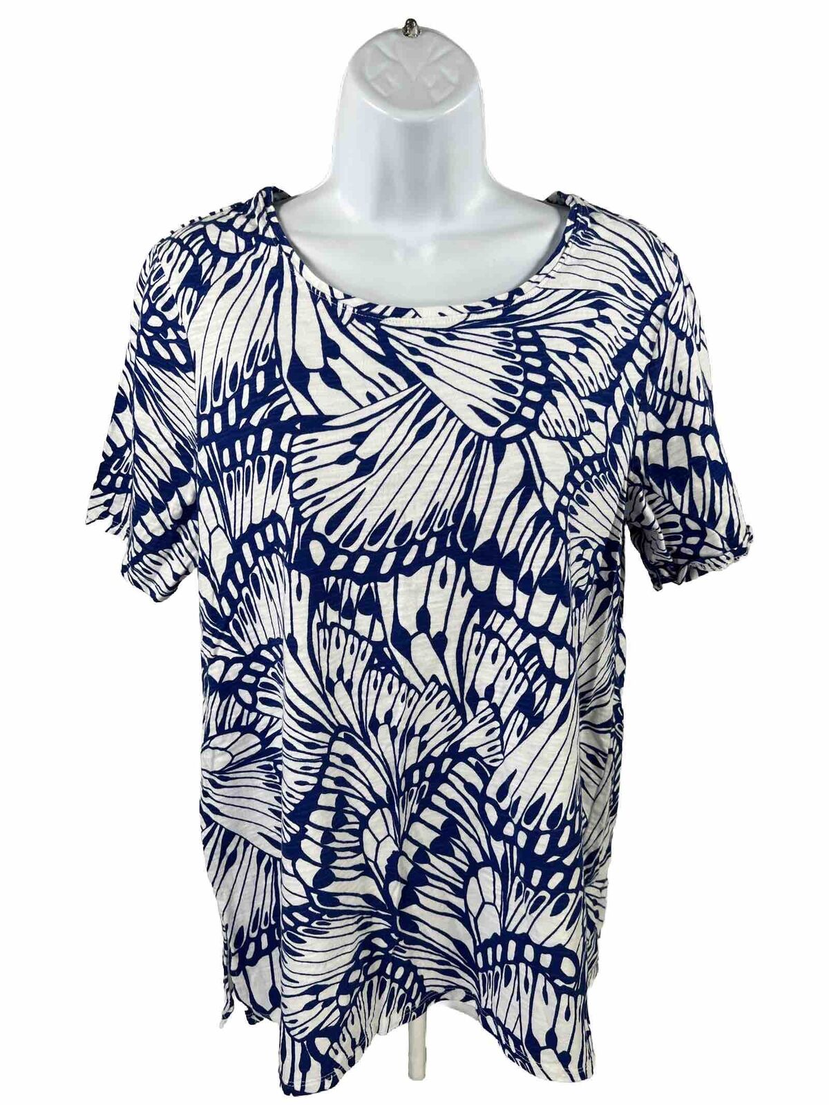 Chico's Women's Blue Floral Short Sleeve T-Shirt Top - 1/US M