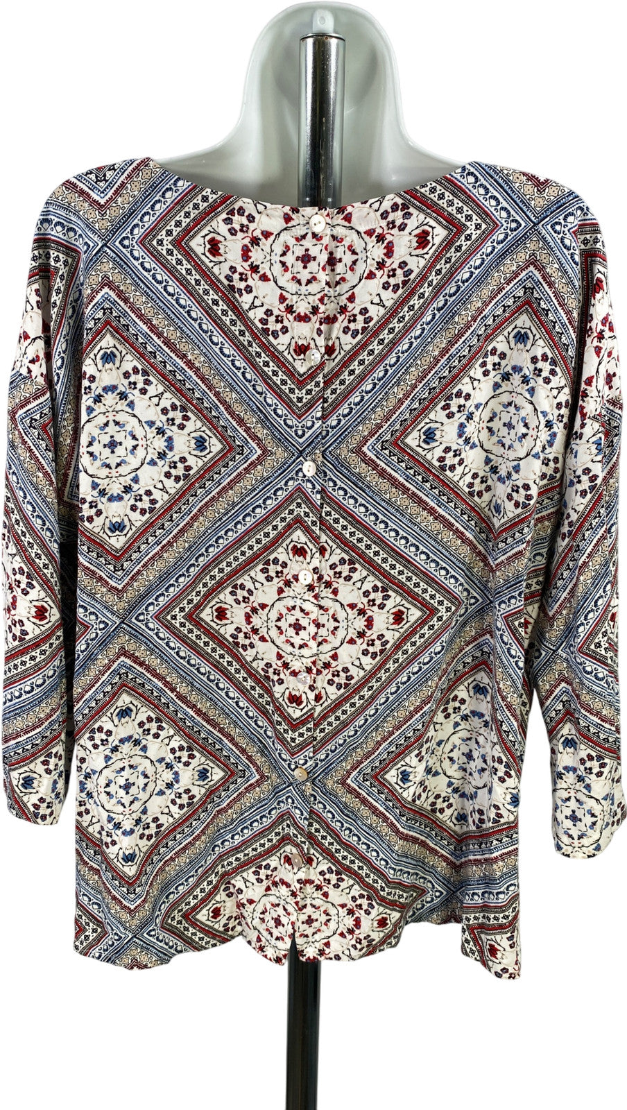 J.Jill Women’s White/Multicolor Button Back 3/4 Sleeve Shirt - M