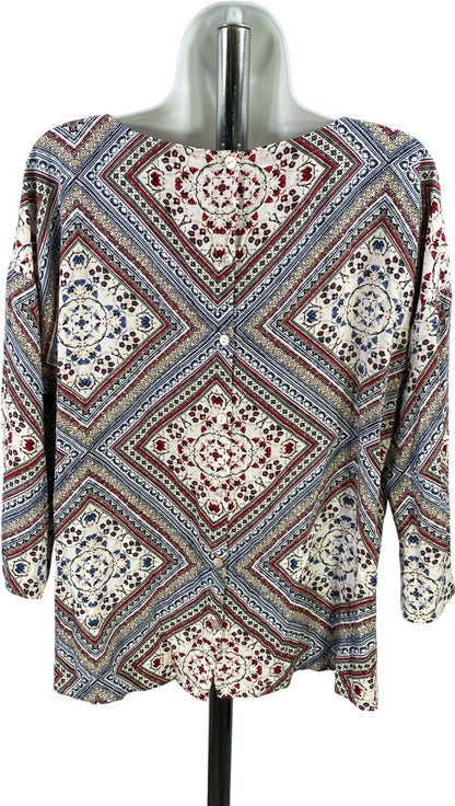 J.Jill Women’s White/Multicolor Button Back 3/4 Sleeve Shirt - M