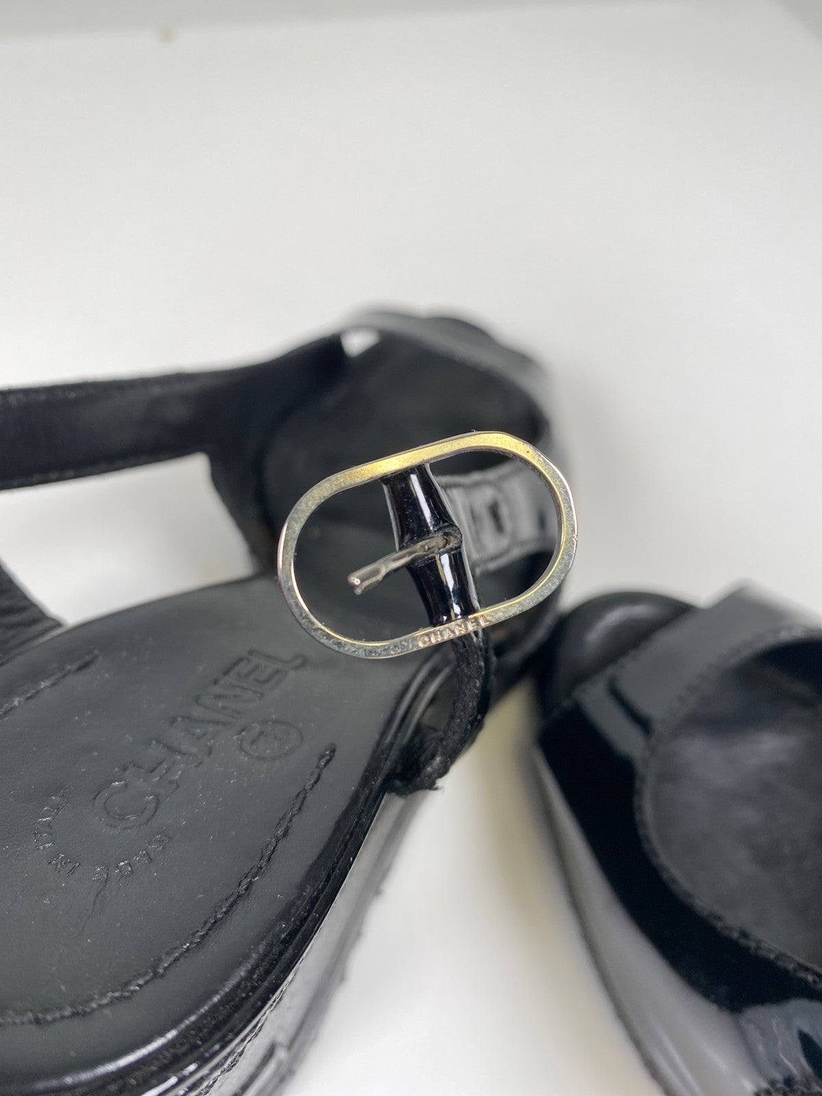 CHANEL Women’s Black Patent Leather Open Toe Wedge Sandals - 36/US 5.5