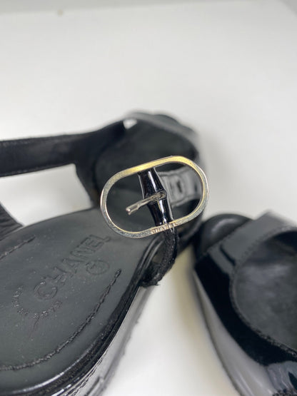 CHANEL Women’s Black Patent Leather Open Toe Wedge Sandals - 36/US 5.5