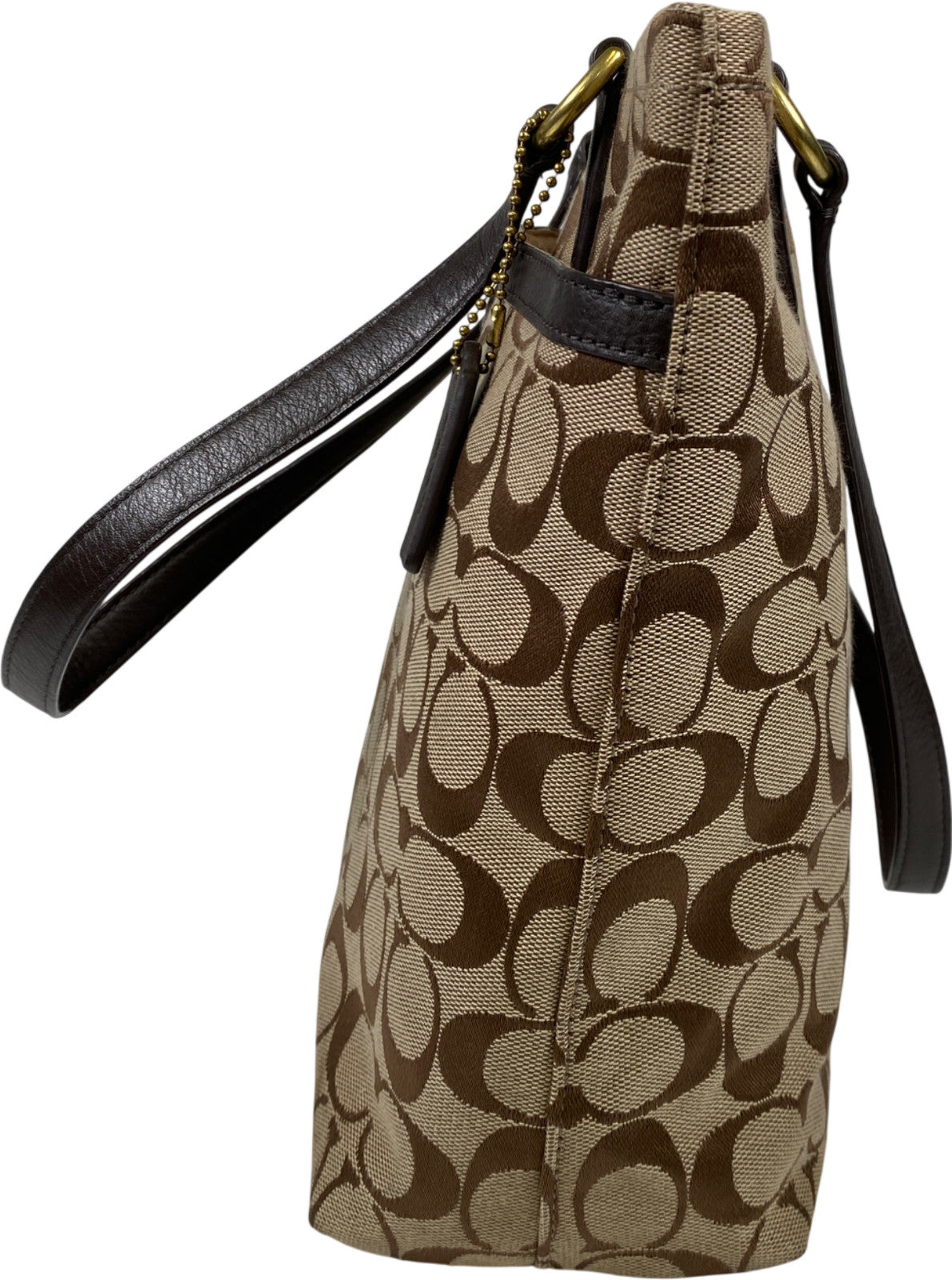 Coach Women’s Brown Signature Stripe Canvas Zip Close Tote Bag Purse