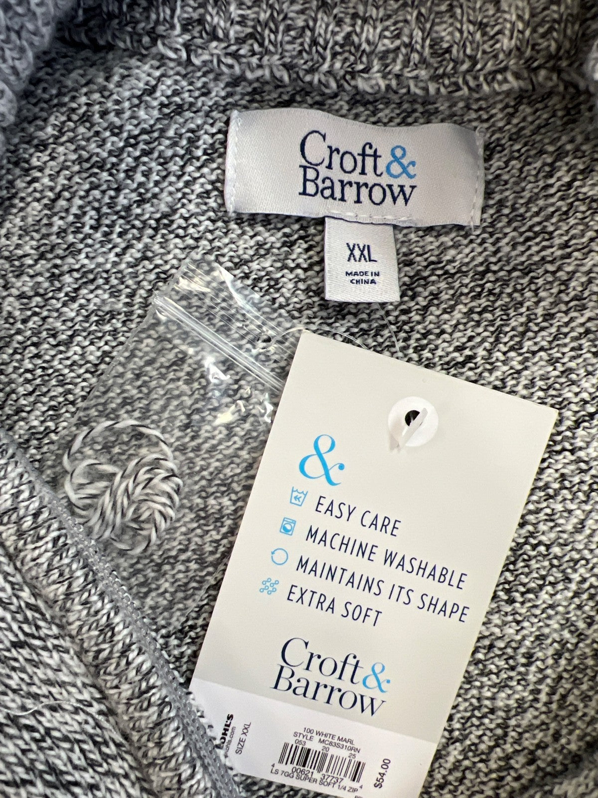 Croft and Barrow Men’s White/Black Long Sleeve 1/4 Zip Pullover Sweater - XXL