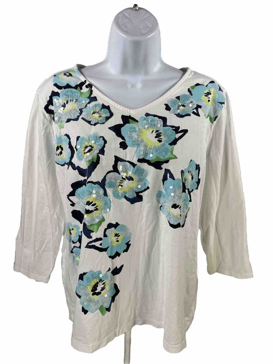 Chico's Women's White Floral Sequin Accent 3/4 Sleeve T-Shirt - 2/US L