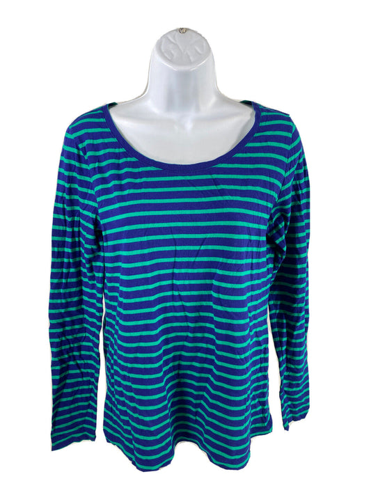 LOFT Women's Blue/Green Striped Long Sleeve T-Shirt - S