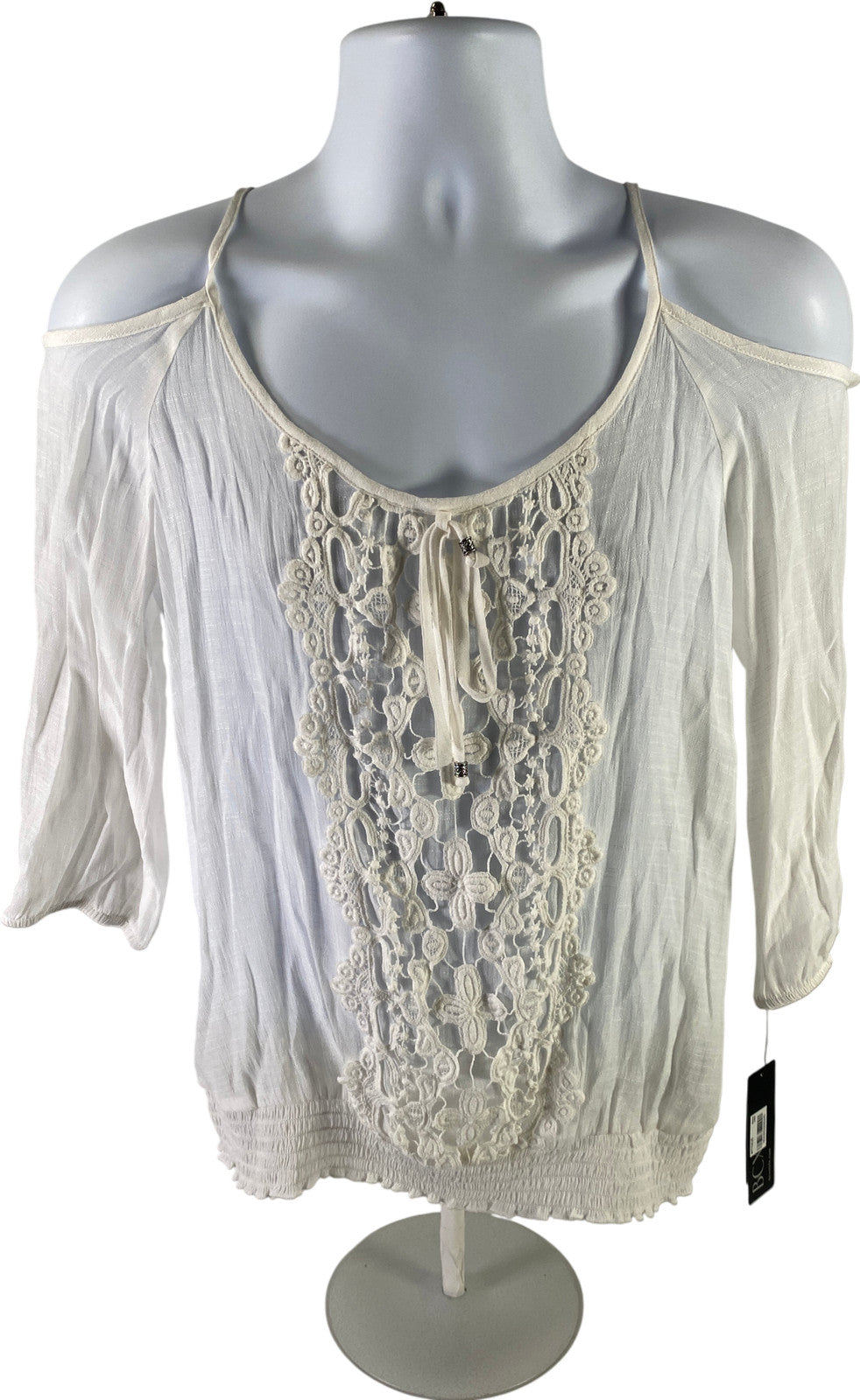 BCX Women’s White Cold Shoulder Boho Style Sheer Top - L