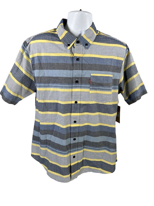 NUEVO Camisa con botones de manga corta a rayas azul / amarilla de Levi's para hombre - L