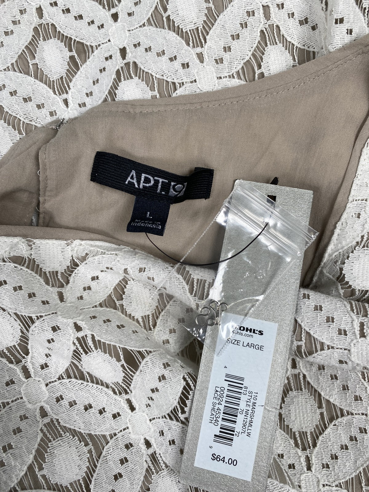 Apt 9 Women’s White/Beige Lace Sleeveless Sheath Dress - L