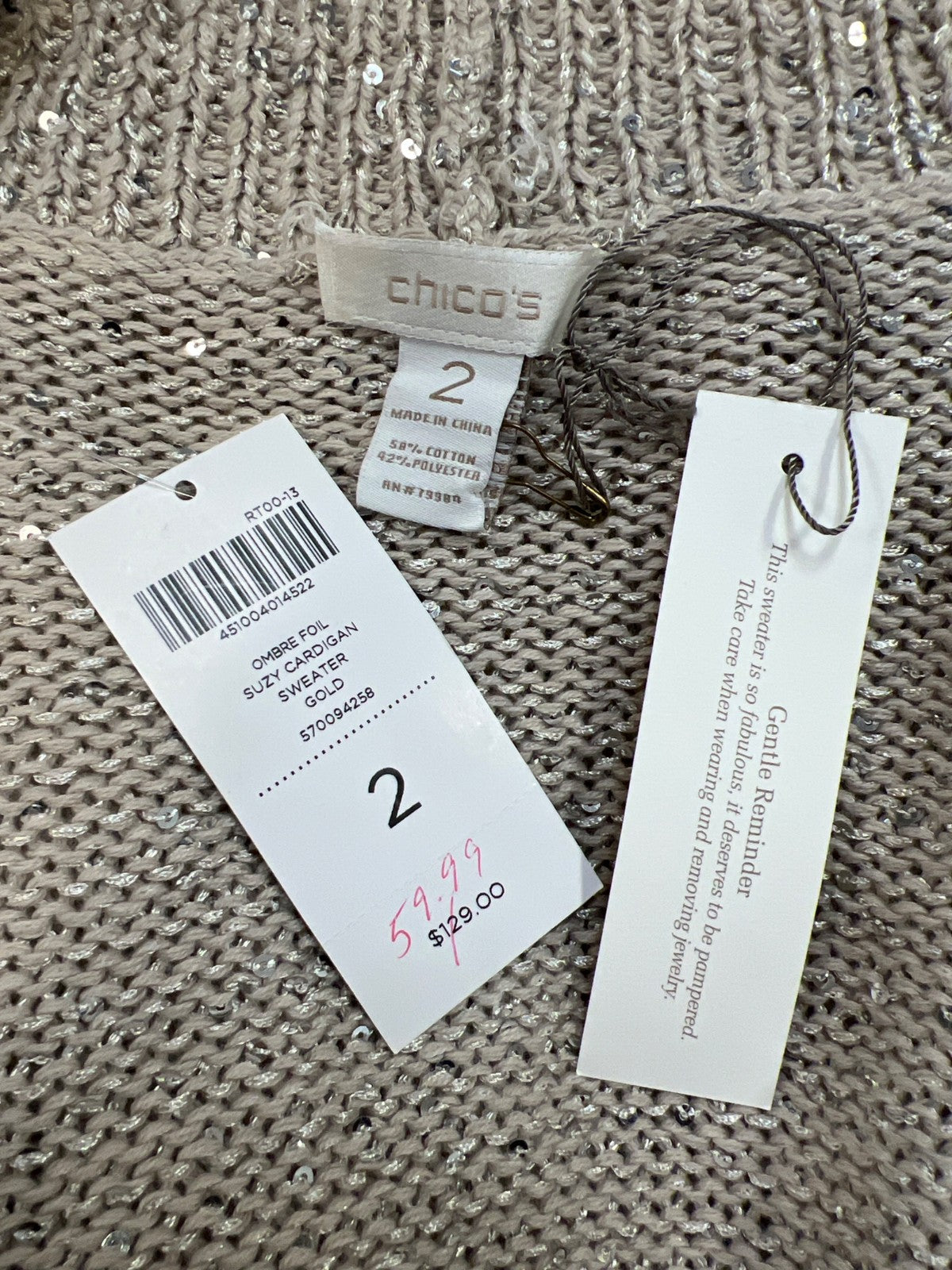 Chico’s Women’s Beige/Gold Ombre Foil Sequin Suzy Cardigan Sweater - 2/US L