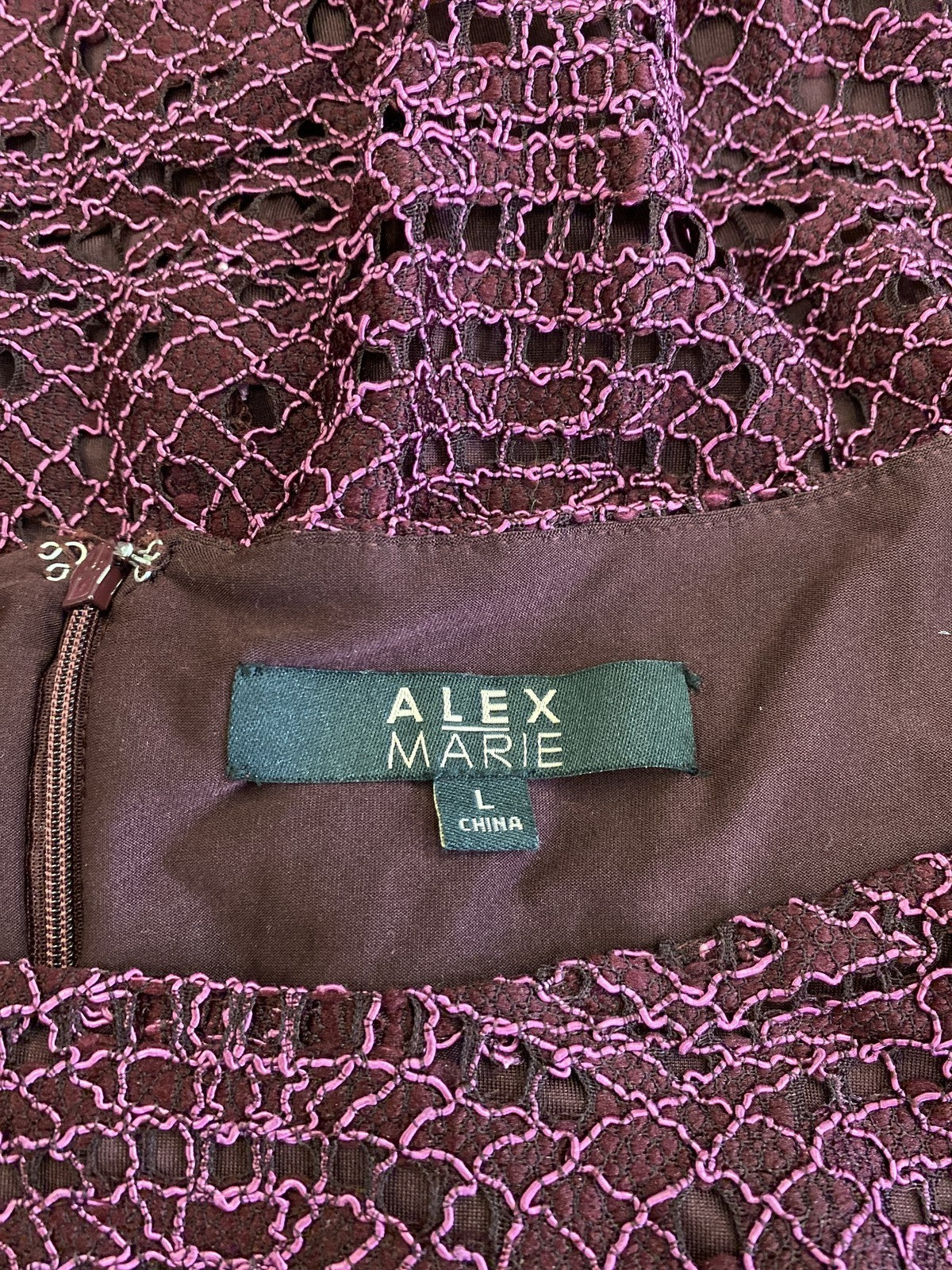 Alex Marie Women’s Purple/Burgundy Crochet Lined 3/4 Sleeve A-Line Dress - L