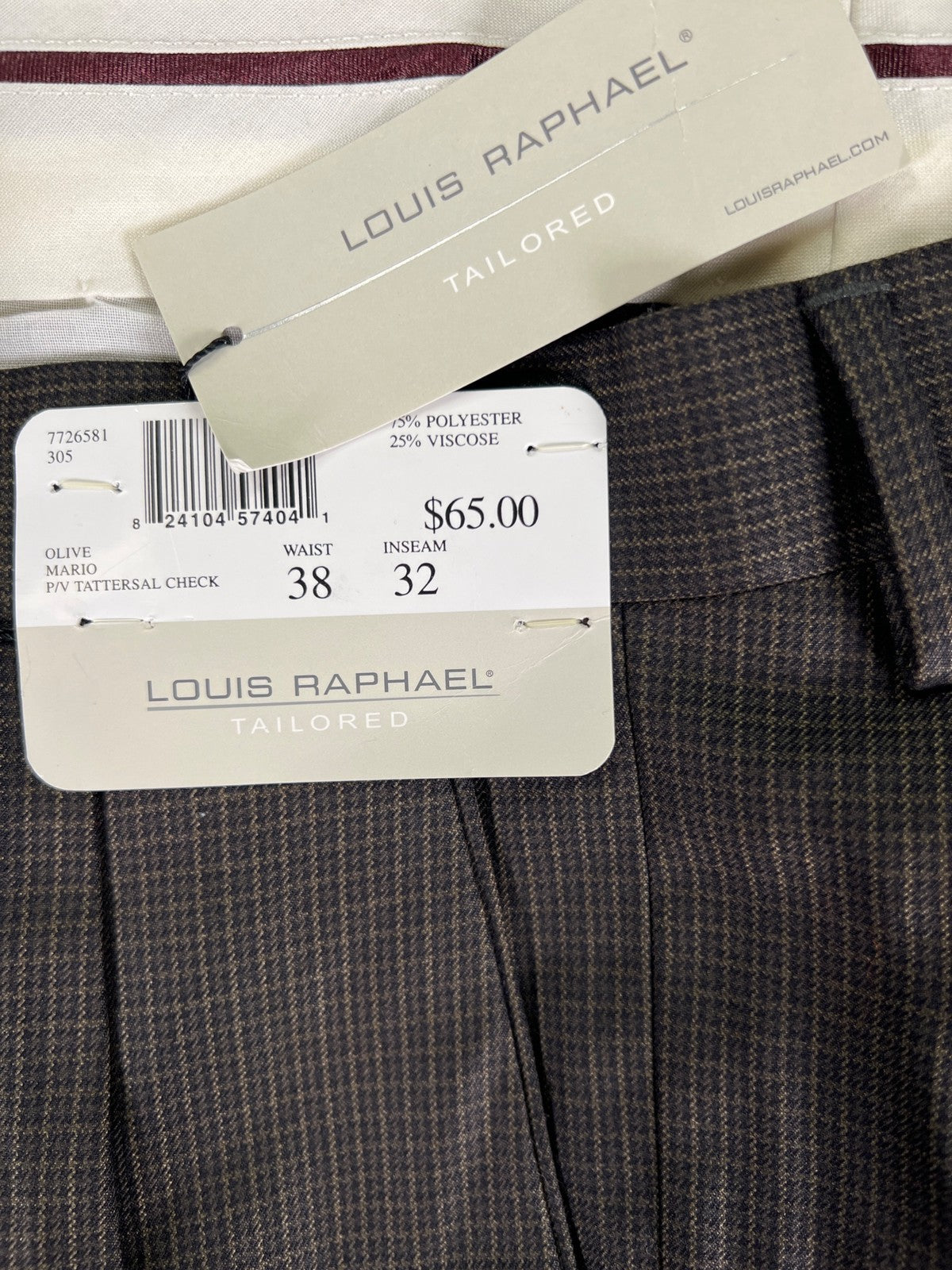 Lous Raphael Men’s Olive Green Checkered Dress Pants - 38x32