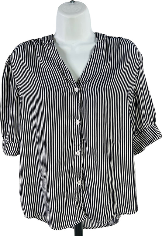 T Tahari Women’s Blue/White Striped Short Sleeve Button Up Blouse - M