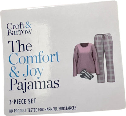 Croft and Barrow Women’s Pink Plush Long Sleeve and Pant. 3 Piece Pajama Set - L