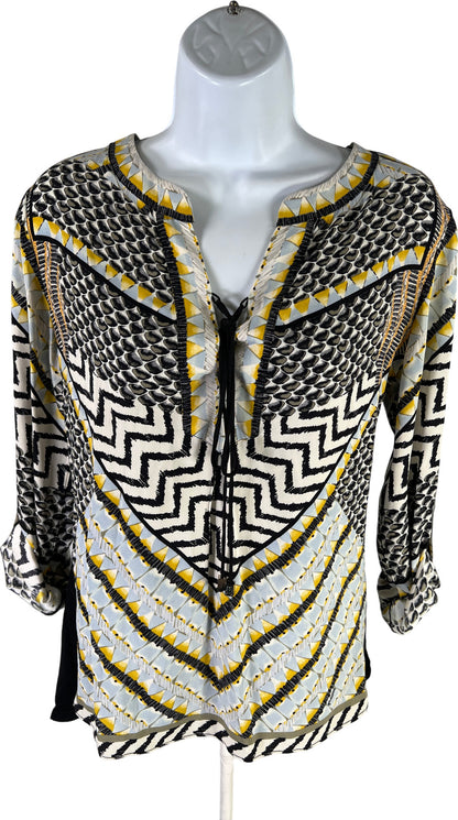 Hale Bob Women’s Yellow & Black Tie Front Roll Tab Sleeve Top - XS