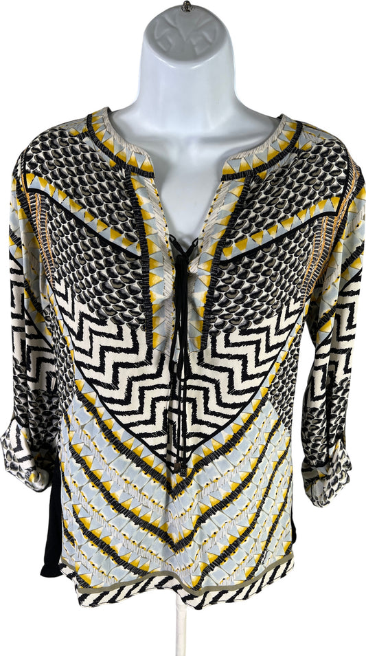 Hale Bob Women’s Yellow & Black Tie Front Roll Tab Sleeve Top - XS