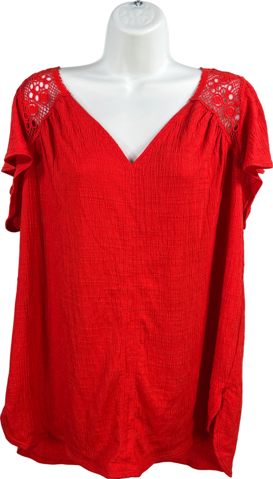 Max Studio Women’s Red Crochet Short Sleeve V-Neck Blouse - Plus 1X